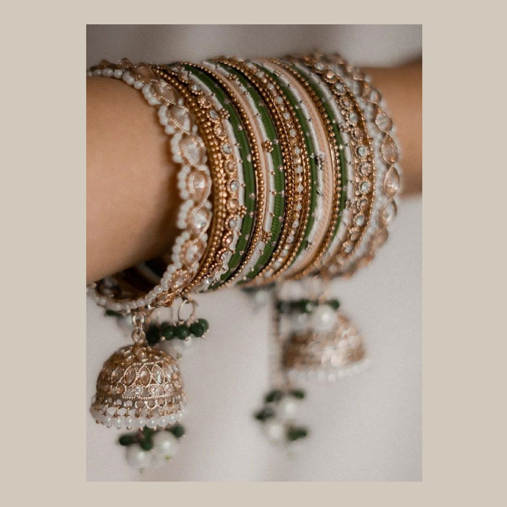 Green & Peach Bridal Bangle Set with Kundan Jhumki, Indian wedding Tassel Bangles Set Woman Jewelry Bangle Set, Wedding Bangles, Jewelry